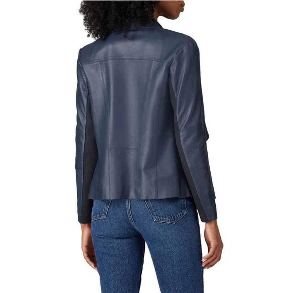Slate & Willow Genuine Leather Drape Moto Jacket XL Open Front Navy Blue